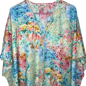 VTG Winlar Kaftan Long House Dress MuuMuu Watercolor Asian Floral Print OS Women